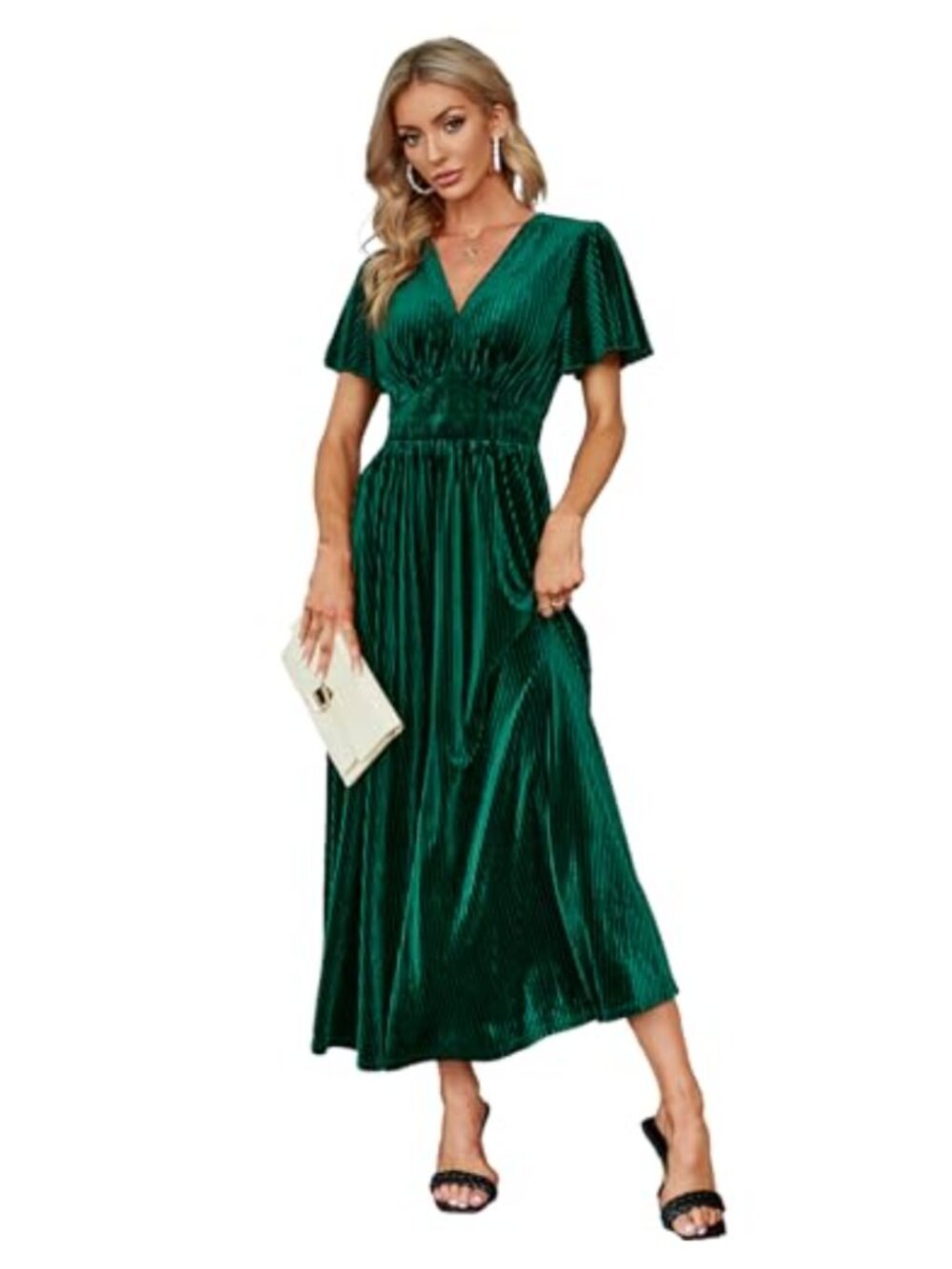 Velvet Maxi Dress V Neck Short Flare Sleeve Semi Formal Evening